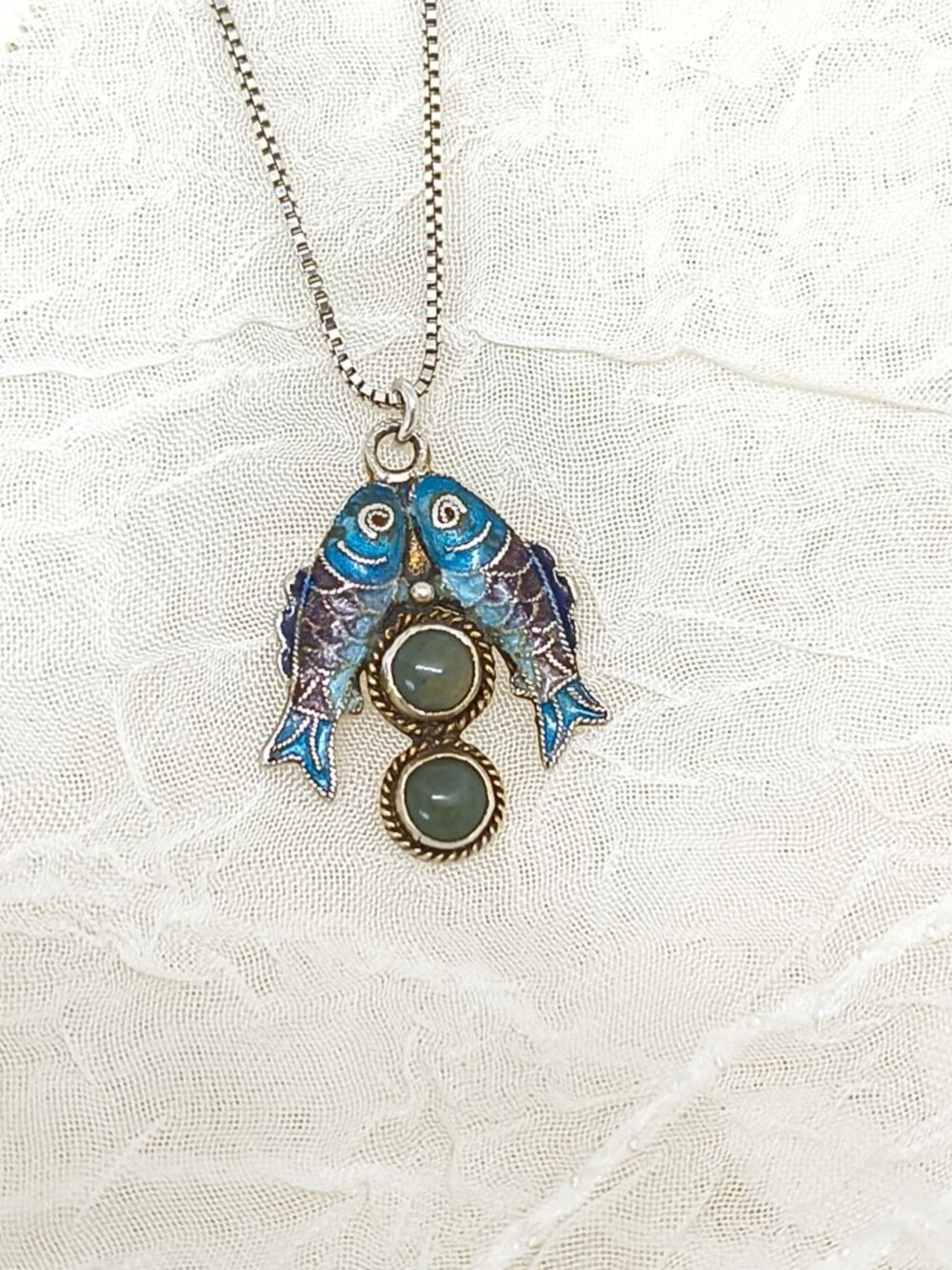 Sterling Silver Kissing Koi Pendant with Blue Cloisonné Enamel & 925 Box Chain - Picture 3 of 8